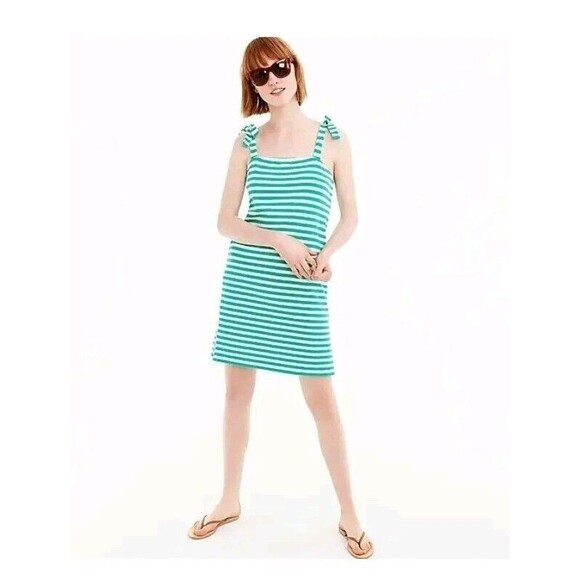 J. Crew Striped Tie Shoulder Dress Size L Green & White Stripes 100% Cotton - Picture 1 of 12
